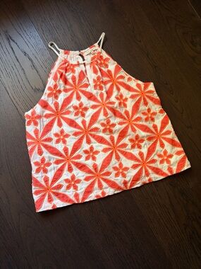 Skies Are Blue White Tank Top with Coral-Orange Floral Embroidery